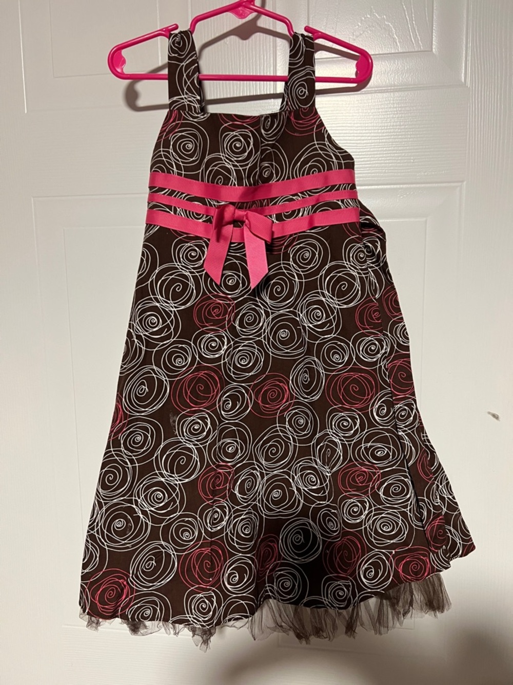 Bonnie Jean Brown Dress with Pink Ribbon and Swirl Print